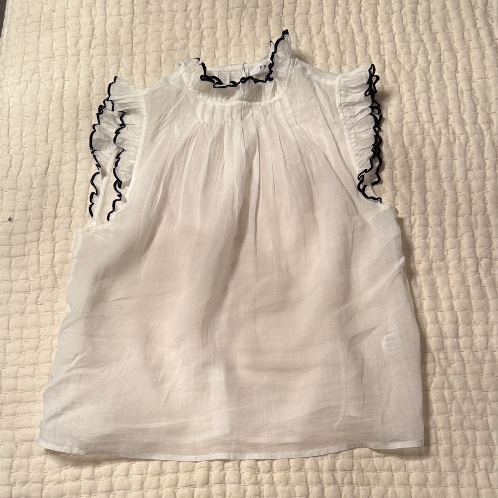 Frame Denim White Blouse with Black Ruffle Trim